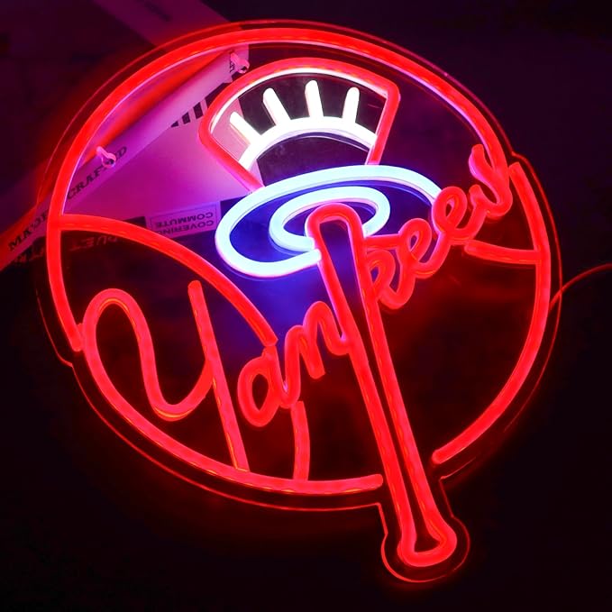 YANKEES Neon Signs for Wall Decor，Baseball Team Neon Lights for Bedroom，LED Signs Suitable for Man Cave，5V Power Adapter，Birthday、Christmas Gifts for Boys 13 * 15Inch(red+blue+white)