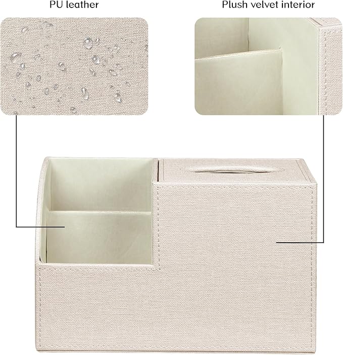 Fanousy Square Tissue Box Cover with Storage, PU Leather Cube Tissue Box Holder, Remote Control Nightstand Organizer, Modern Desk Caddy for End Table, Bathroom, Bedroom, Home, Office Decor