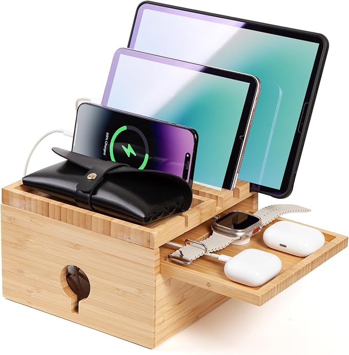 Bamboo Charging Station for Multiple Devices, Nightstand Docking Station with Small Tray, Desktop Wood Charger Organizer, Compatible with Cell Phone, Tablet, Earphones (No Cables)