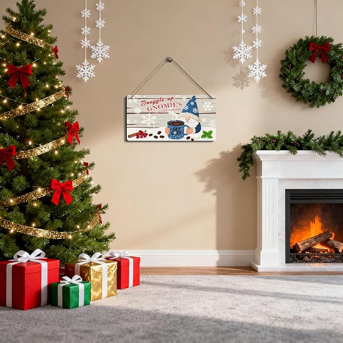 Winter Gnomes Christmas Decor for Front Door Porch Sign - Snuggle Up Gnomies It's Cold Outside Wooden Hanging Sign, Christmas Decorations for Home, Farmhouse, Coffee Bar Decor 6x12 Inch