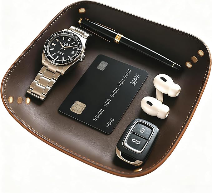Genuine Leather Valet Tray-Handmade Brown Leather Catchall Organizer for Desk, Nightstand Bedside Desk & Entryway Table Storage Tray for Keys, Phone, Wallet, Coins, Jewelry for Women & Men