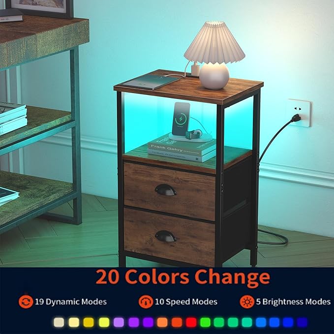 Rustic Brown Industrial Nightstand Set of 2, Bedside Table with 2 Fabric Drawers, 3-Tier Storage, LED Light, Charging Station, 11.38''D * 15.38''W* 24.75''H
