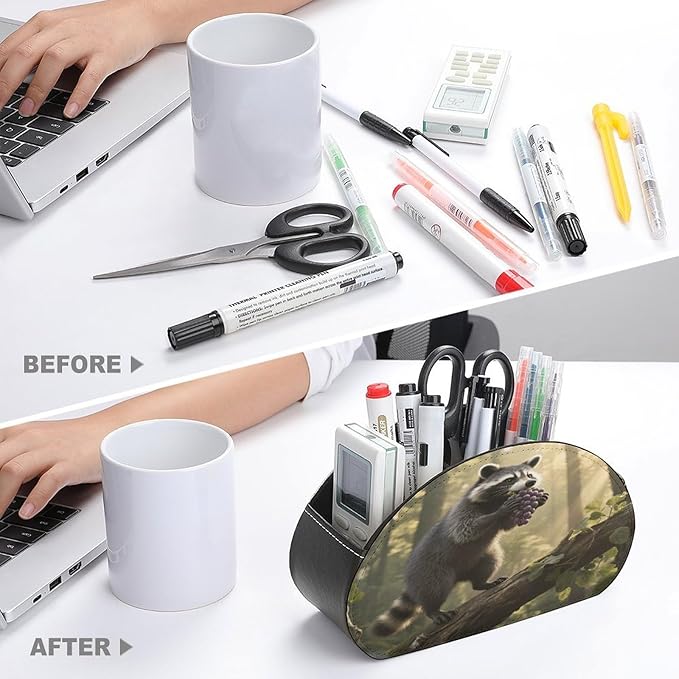 Raccoon Remote Control Holder Organizer Box with 5 Compartment PU Leather Bedside Storage Caddy Remote Organizer for Controller Media Player Pen/Pencil Storage