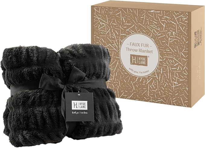 Hyde Lane Luxury Ruched Faux Fur Throw Blanket | Ultra Soft Cozy Puzzy Throw | Plush Black Mink Blankets for Sofa, Couch, Living Room, 50"x60"