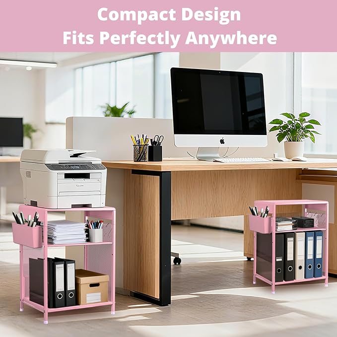 Kids Nightstand, 3-Tier Metal Side Table with Adjustable Storage Shelf, Basket & 3 S-Hooks, Small Bedside Table for Nursery, Toddler Bedroom and Small Spaces (Pink)