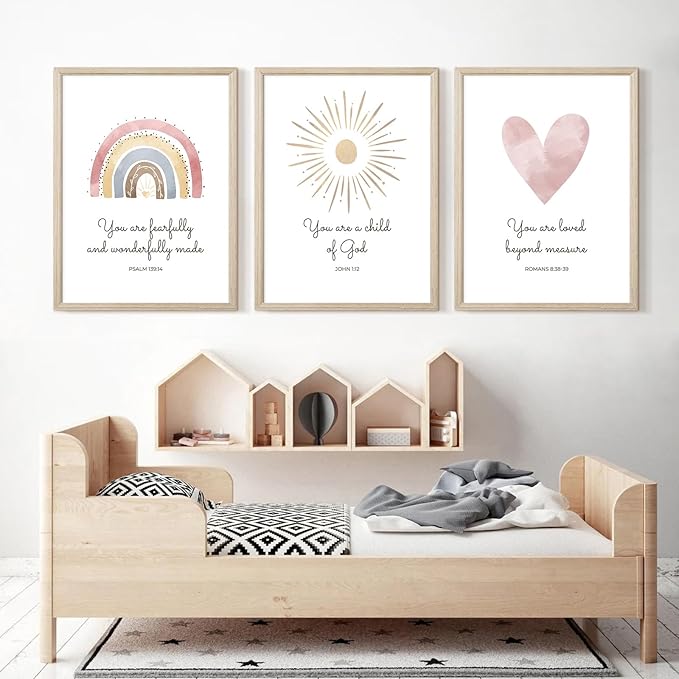 Boho Nursery Wall Art 3 Pieces Bible Verse Nursery Art Christian Girls Nursery Wall Art Heart Rainbow Sun Nursery Art Print Boho Sunshine Decor for Girl Baby Kid Room Decor 12x16 Inch Wood Framed