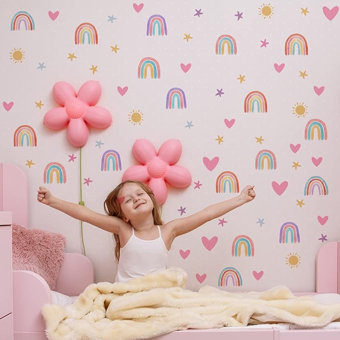 Epakh Rainbow Wall Decor Stickers Small Rainbow Decal Watercolor Heart Star Sun Wall Stickers Decor for Girls Boys Baby Bedroom Nursery(Classic Color)