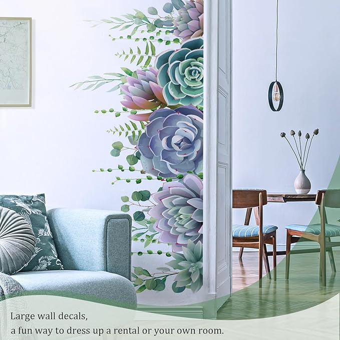 Succulent Plants Leaves Wall Decals Peel and Stick, Large Flowers Vinyl Wall Stickers, Removable Hanging Floral Home Decor Art for Bedroom Living Room Classroom Office