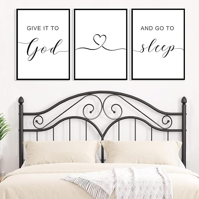 Framed Give it to God and Go to Sleep Signs 36x16”, Above Bed Wall Decors, Black And White Bedroom Decor (12x16 inches, Set of 3, Framed, Black)