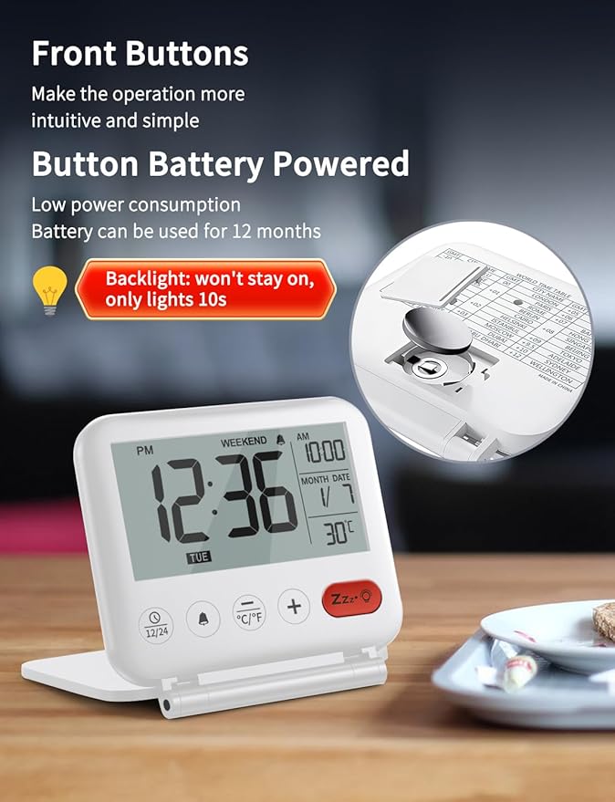 NOKLEAD Digital Travel Alarm Clock - 3.23 inch LCD Display, Temperature, 9-Minute Snooze, 10s Backlight, Battery Included (White)