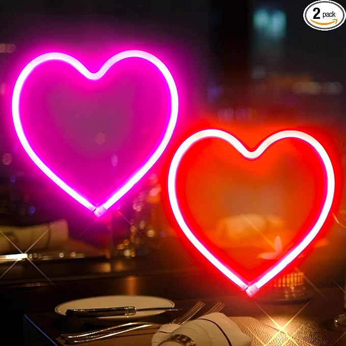 2-Pack Heart Neon Sign, Neon Heart Lights Battery Operated or USB Powered for Valentines Day Decorations, Valentines Lights for Wedding Proposal Anniversary Mothers Day Girls’ Room Decor (Pink & Red)
