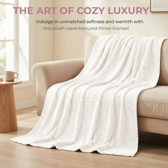 Exclusivo Mezcla Fleece Throw Blanket for Couch, Cozy Lightweight Blankets for All Season, Decorative Giftable Fuzzy Plush Wave Textured Throws for Women, Men, Ivory, 50x70 Inches