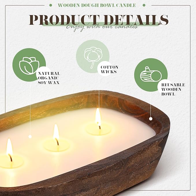 Threlaco 1 Pack 10 Inch Wood Dough Bowl Candles Home Rustic Dough Bowl Soy Candle 3 Wick Scented Candles Gifts for Men Women Farmhouse Table Centerpiece Home Decor for Christmas(Vanilla)