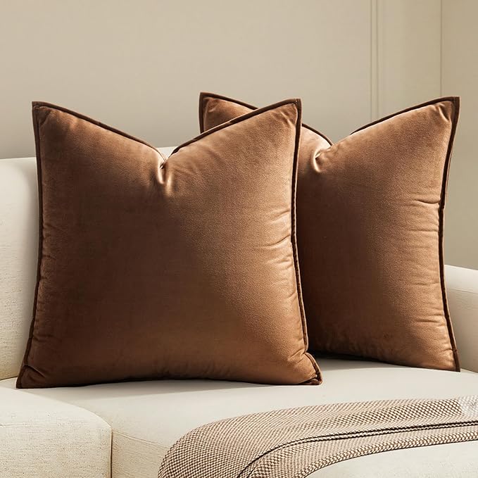 MIULEE Brown Velvet Throw Pillow Covers 22x22 Soft Decorative Solid Square Cushion Cases Pack of 2 Modern Luxury Home Decor for Couch, Sofa, Bedroom