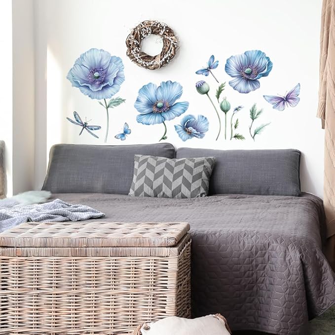 3D Wall Stickers DIY Flower Wall Decal Removable Waterproof Wall Art Decor for Bedroom Living Room Offices Home Decoration (Blue Corn Poppy)