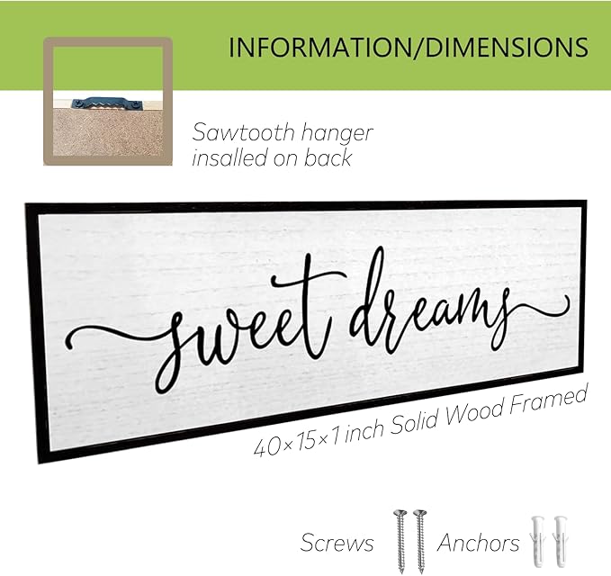 Sweet Dreams Wall Decor Above Bed Sign 40''×15'' Large Wood Framed Master Bedroom Guest Room Sweet Dreams Signs Farmhouse Rustic Wall Art Decoration (Black)