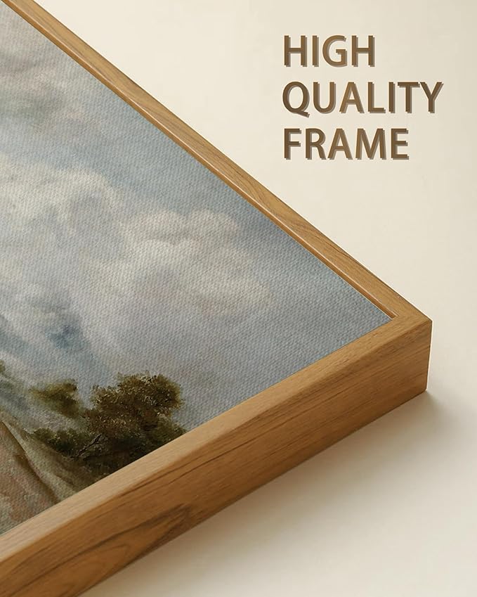 SHENIFY 20x40in Extra Large Vintage Framed Wall Art Rustic Grassland Meadow Landscape Painting Retro Wilderness Scenery Farmhouse Bedroom Above of Bed Living Room Decor - Natural Framed