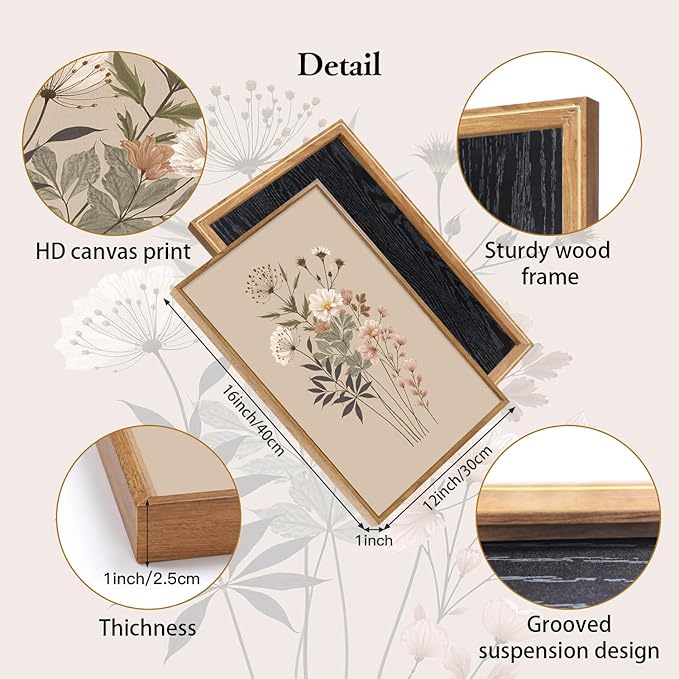 CHDITB Botanical Flower Framed Canvas Wall Art Set Of 3, Modern Nature Wildflower Wall Decor, Rustic Floral Wall Painting, Vintage Flowers Art Prints For Bedroom Living Room Office Decor (12X16 Inch)