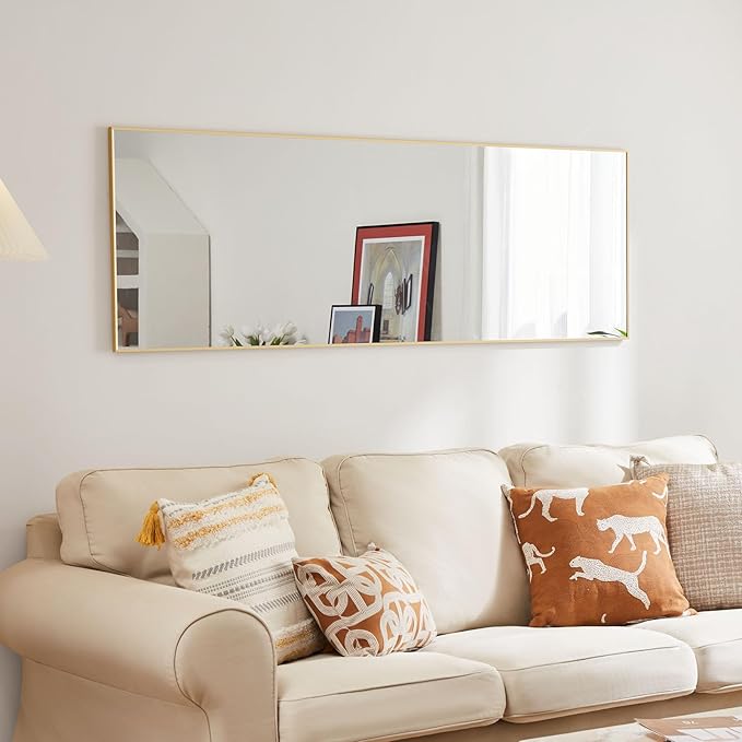 OLIXIS Full Length Mirror 59"x16.5" for Bedroom, Full Body Mirror with Stand, Hanging or Leaning for Wall, Aluminum Alloy Thin Frame Floor Standing for Living Room, Long, Gold