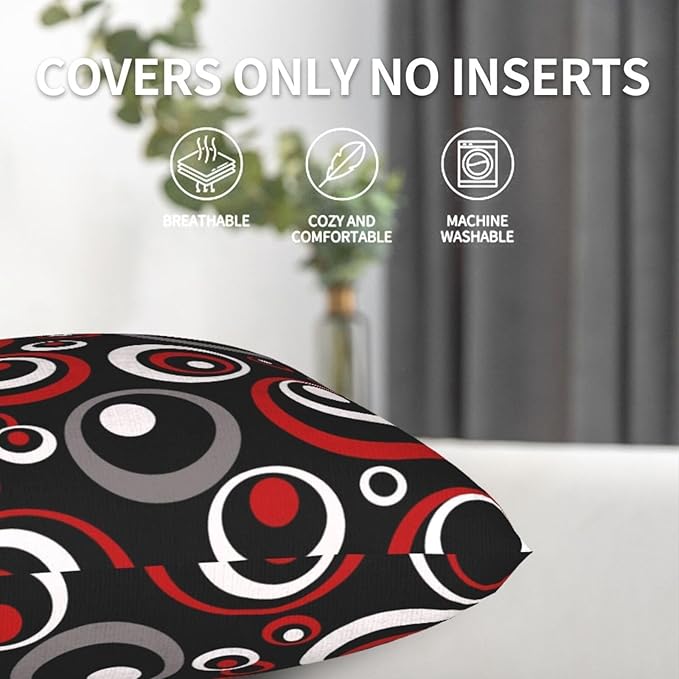 Red and Black Circular Pattern Throw Pillows Covers 18x18 Inch Set of 2, Gray Modern Abstract Pillowcases, Grey Geometric Circle Cushion Covers for Sofa Living Room Couch Bedroom, Modern Home Decor