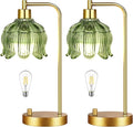 Glass Table Lamp Set of 2,Small Gold Bedside Lamps Dimmable Boho Bedroom Lamp with Tulip Flower Green Lamp Shade,Vintage Mid Century Modern Mini Nightstand Lamp for Bedroom Living Room