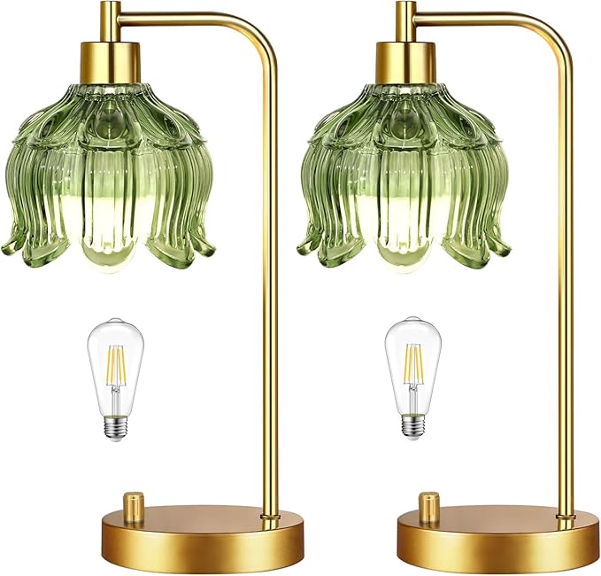 Glass Table Lamp Set of 2,Small Gold Bedside Lamps Dimmable Boho Bedroom Lamp with Tulip Flower Green Lamp Shade,Vintage Mid Century Modern Mini Nightstand Lamp for Bedroom Living Room