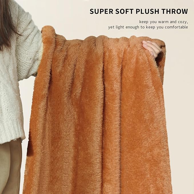 Plush Fleece Throw Blanket for Couch and Bed, Fluffy Fuzzy Cozy Queen-Size Soft Blankets All Season Use (60x80 Inches,Burnt Orange)