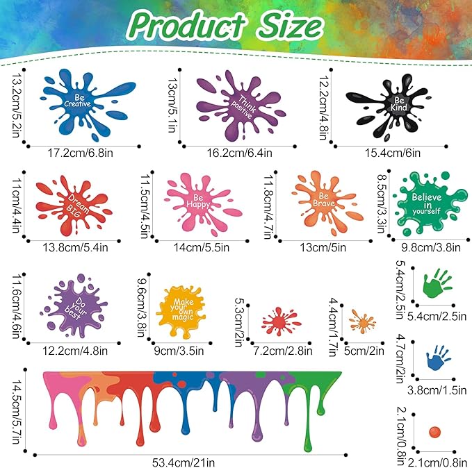 HLNIUC Colorful Inspirational Wall Decals 31pcs Positive Saying Ink Splatter Splotches Wall Sticker Watercolour Motivational Lettering Wall Peel and Stick Decor for Kid Playroom Daycare Art Decor
