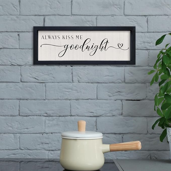 comurdyo Love Theme Always Kiss Me Goodnight Sign 16"×6" Romantic Couple Small Wood Frame for Framed Modern Farmhouse Master Bedroom Above bed Plaque Horizontal Wall Art Decor (Black)