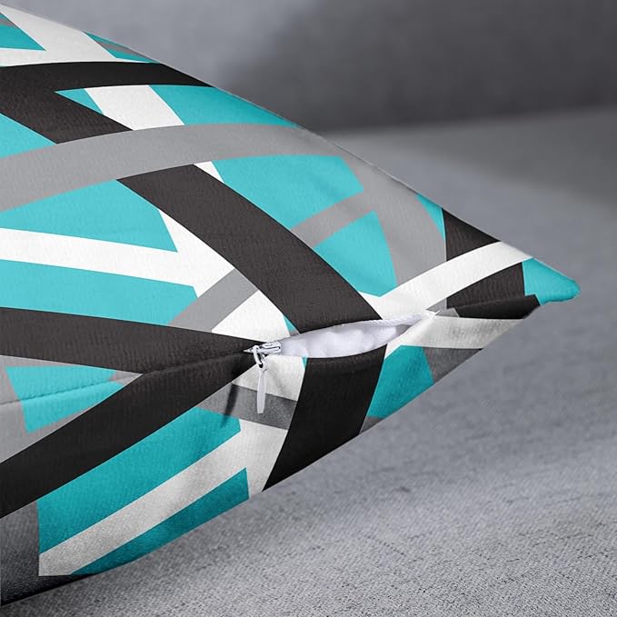 Emvency Set of 2 Throw Pillow Cover Turquoise Black Stripes Grey White Design Retro Teal Decorative Pillow Case Striped Home Decor Square 18x18 Inch Cushion Pillowcase