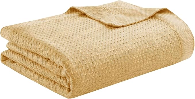 Madison Park 100% Egyptian Cotton Lightweight Summer Blanket, Breathable Waffle Knit Design, Soft Cozy All-Season Throw for Bed, Couch or Sofa, Mustard Full/Queen Size (90"x90")