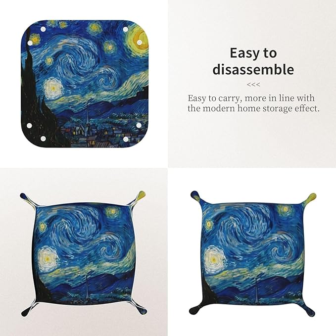 The Starry Night Van Gogh Leather Vanity Tray Desktop Storage Organizer Decor Catchall Perfume Bathroom Valet Tray Nightstand Caddy Holder for Remote Controller Keys Phone Wallet Coin Jewelry, S