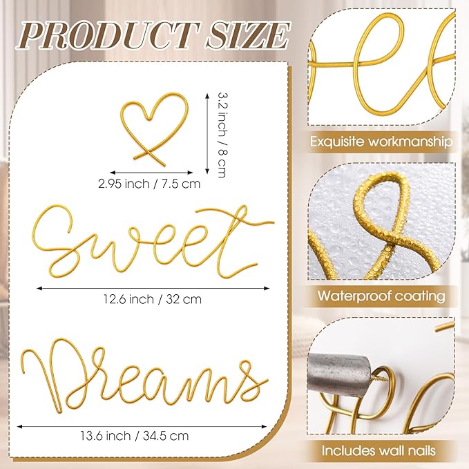 Yousoontic Sweet Dreams Wall Decor Above Bed Minimalist Metal Bedroom Wall Art Modern Sweet Dreams Decorative Metal Sign for Home Bedroom Hotel Dormitory Door Decorations, 29.15'' Total Length (Gold)