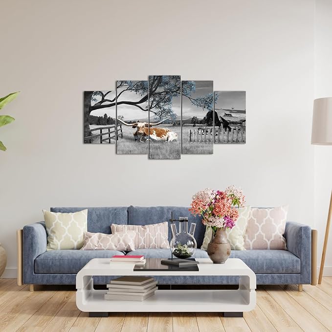 iKNOW FOTO Black and Blue 5 Panel Cow Countryside Canvas Art - Rustic Farm Picture with Barn Truck, Rural Landscape Wall Decor for Farmhouse, Bedroom, Living Room, Office