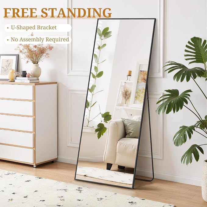 Full Length Mirror 64"x21" Full Body Mirror Rectangle Free Standing Wall Mounted Leaning Floor Mirrors with Stand Aluminum Alloy Frame for Bedroom Cloakroom, Black