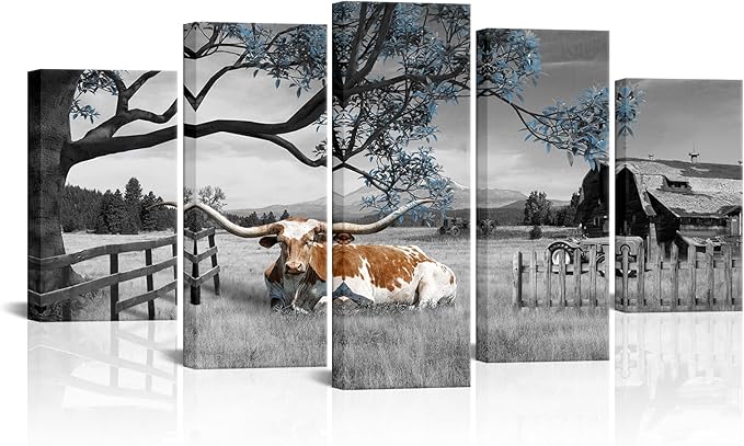 iKNOW FOTO Black and Blue 5 Panel Cow Countryside Canvas Art - Rustic Farm Picture with Barn Truck, Rural Landscape Wall Decor for Farmhouse, Bedroom, Living Room, Office