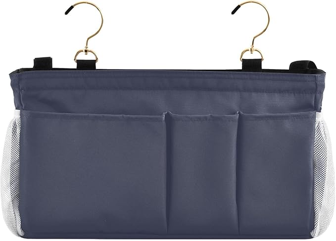 DOMIKING Navy Blue Bedside Caddy for Dorm Bed Recliner Armrest Organizer with Hooks Haning Storage Bag for Bunk Bed Rails Headboards