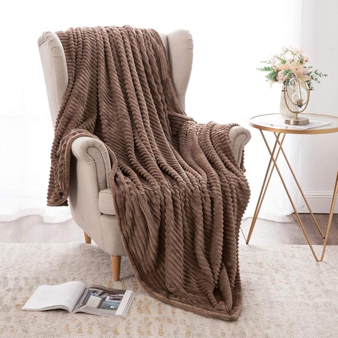 MIULEE Fleece Throw Blanket for Couch 300GSM Super Soft Lightweight Plush Striped Blanket, Brown Warm Cozy Breathable Ribbed Flannel Blanket for Bed/Sofa, Twin Size 60"x80"