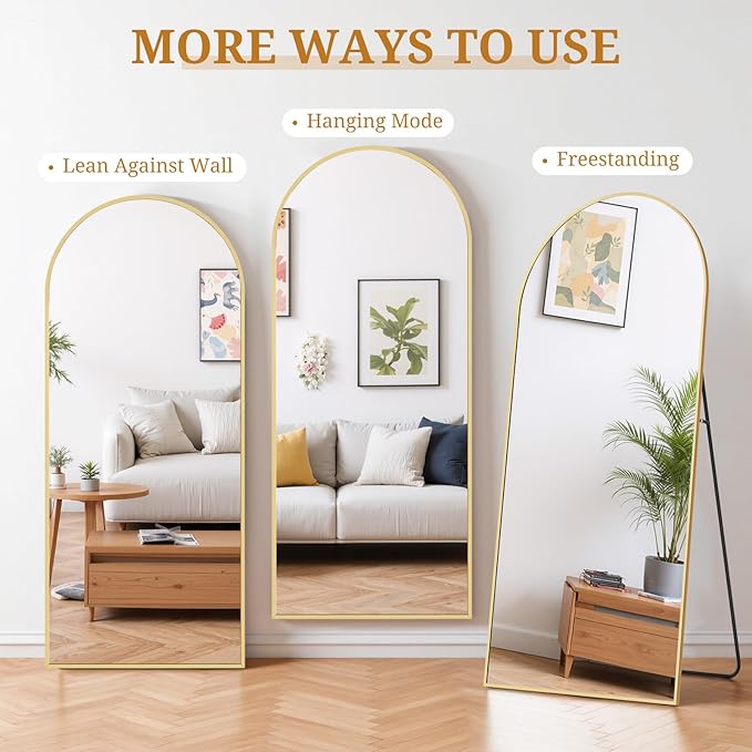 Full Length Mirror 68"x26" Full Body Mirror Arched Free Standing Wall Mounted Leaning Floor Mirrors with Stand Aluminum Alloy Frame for Bedroom Cloakroom, Gold