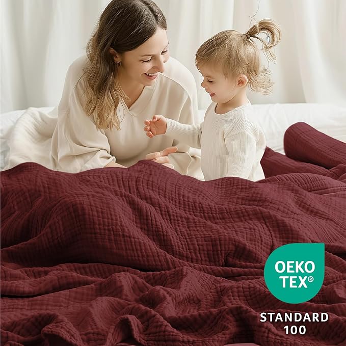 100% Cotton Muslin Blanket King 108" x 90", 6 Layers Breathable and Lightweight Cotton Throw Blankets for Bed, Soft Cooling Summer Gauze Blanket for Adults All Season, Burgundy