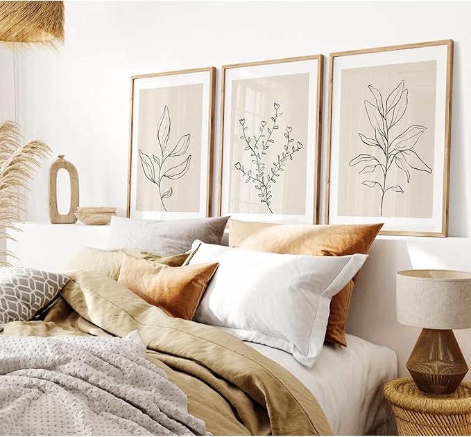 Botanical Wall Art Decor Set of 3 Neutral Wall Decor Boho Beige Canvas Wall Art Botanical Minimalist Pictures Botanical Neutral Prints Beige Posters Boho Artwork for Room Bedroom 24x36 Inch Unframed