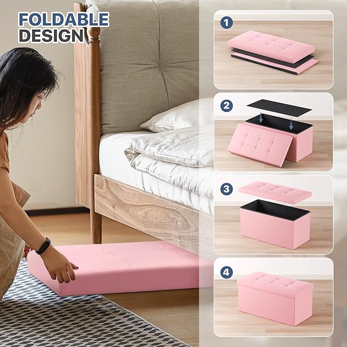 MoNiBloom 30 Inch Storage Ottoman Bench, 24 Gal. Folding Ottoman Footrest, End of Bed Bench, Rectangle Foot Stool, Supports 600 lbs, for Bedroom, Living Room, Entryway, Hallway, Light Pink