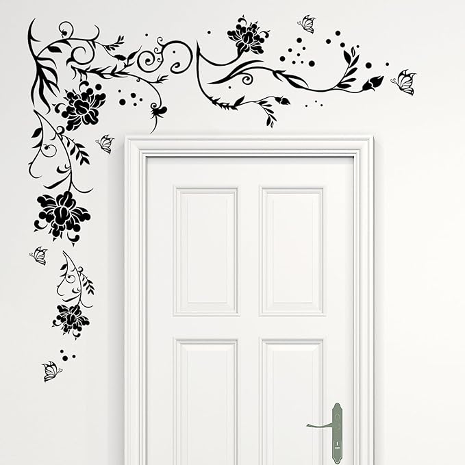 Supzone Flowers & Butterflies Wall Decals - DIY Black & Floral Wall Stickers for Bedrooms & Living Rooms