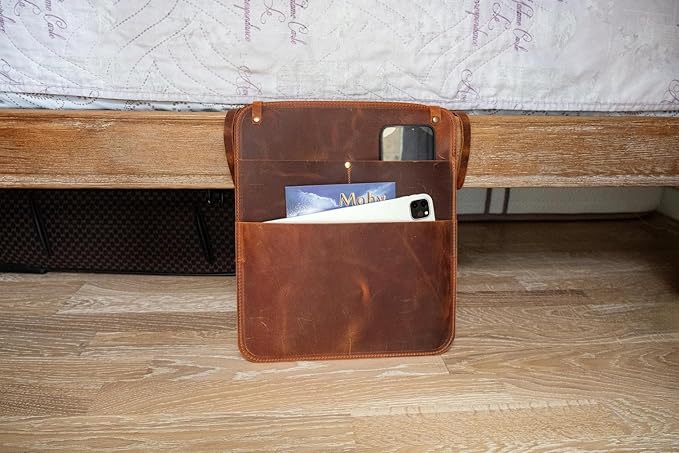 Leather Bedside Storage Organizer, Leather Storage Organizer, Handmade Bedside Caddy with 3 Pockets For Magazines, Books and Accessories