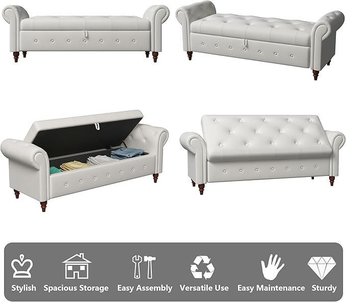 Aoowow Rolled Arm Storage Benches for Bedroom End of Bed Ottoman Bench 63" Long Bench with Storage and Seating for Living Room,Entryway,Window,Button Tufted with Solid Wood Legs (Linen Beige)