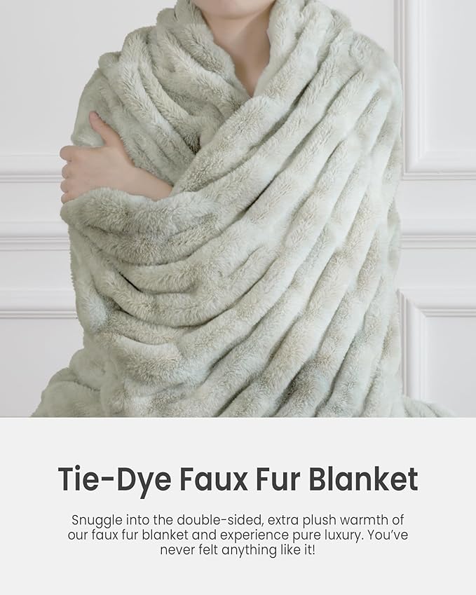 Ultra Soft Faux Rabbit Fur Throw Blanket, Cozy Fuzzy Blanket for Couch Bed, Plush Warm Decor, Luxury Thick Fluffy Blanket for Women, 60x80 inches, Tie-Dyed in White and Gray