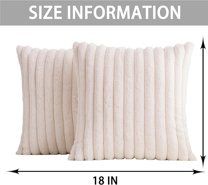 Aegero Pack of 2 Faux Fur Christmas Throw Pillow Covers 18x18 Inch, Soft Plush Striped Neutral Couch Pillow Cover, with Velvet Back Modern Home Decor for Sofa Living Room Couch Bed Cream White