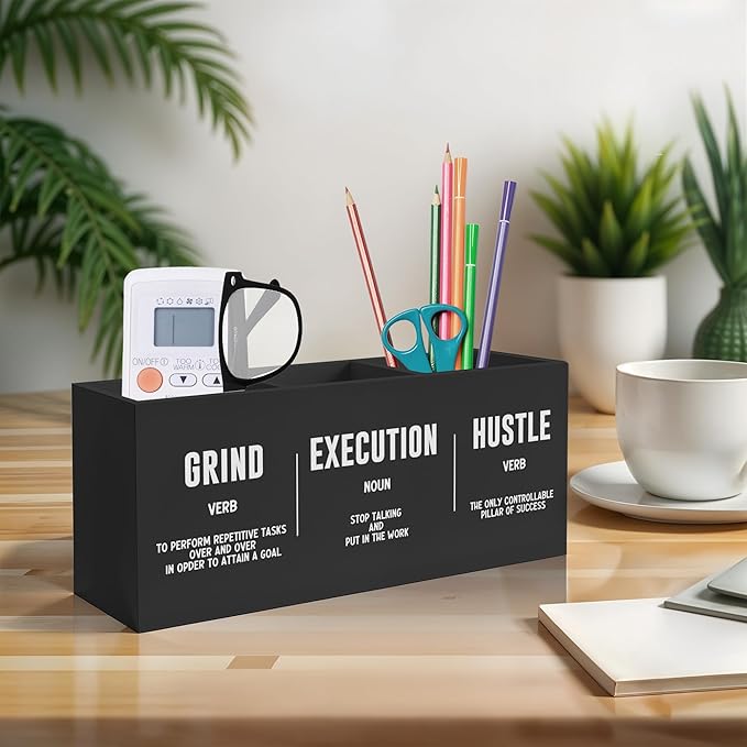 Inspirational Office Pen Pencil Holder, Inspirational Gifts for Coworkers Colleague, Grind Execution Hustle Positive Quotes Organizer for Home Office Desk Accessories