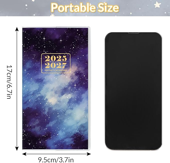 Pocket Calendar 2025-2027, Purse Monthly Planner, Runs from June 2025 Until December 2027, 3.7" x 6.7", Pocket Calendar with Star PVC Cover for Office
