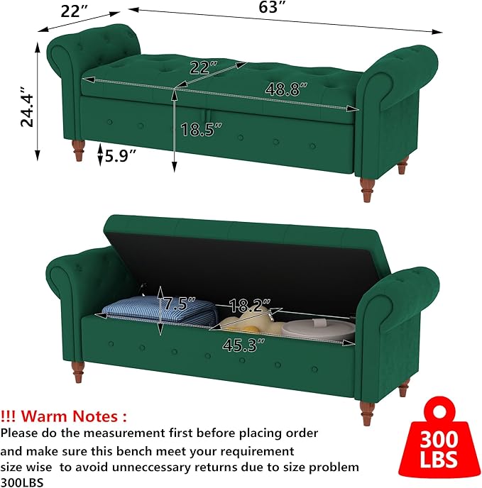 Aoowow Rolled Arm Storage Benches for Bedroom End of Bed Ottoman Bench 63" Long Bench with Storage and Seating for Living Room,Entryway,Window,Button Tufted with Solid Wood Legs (Velvet Green)